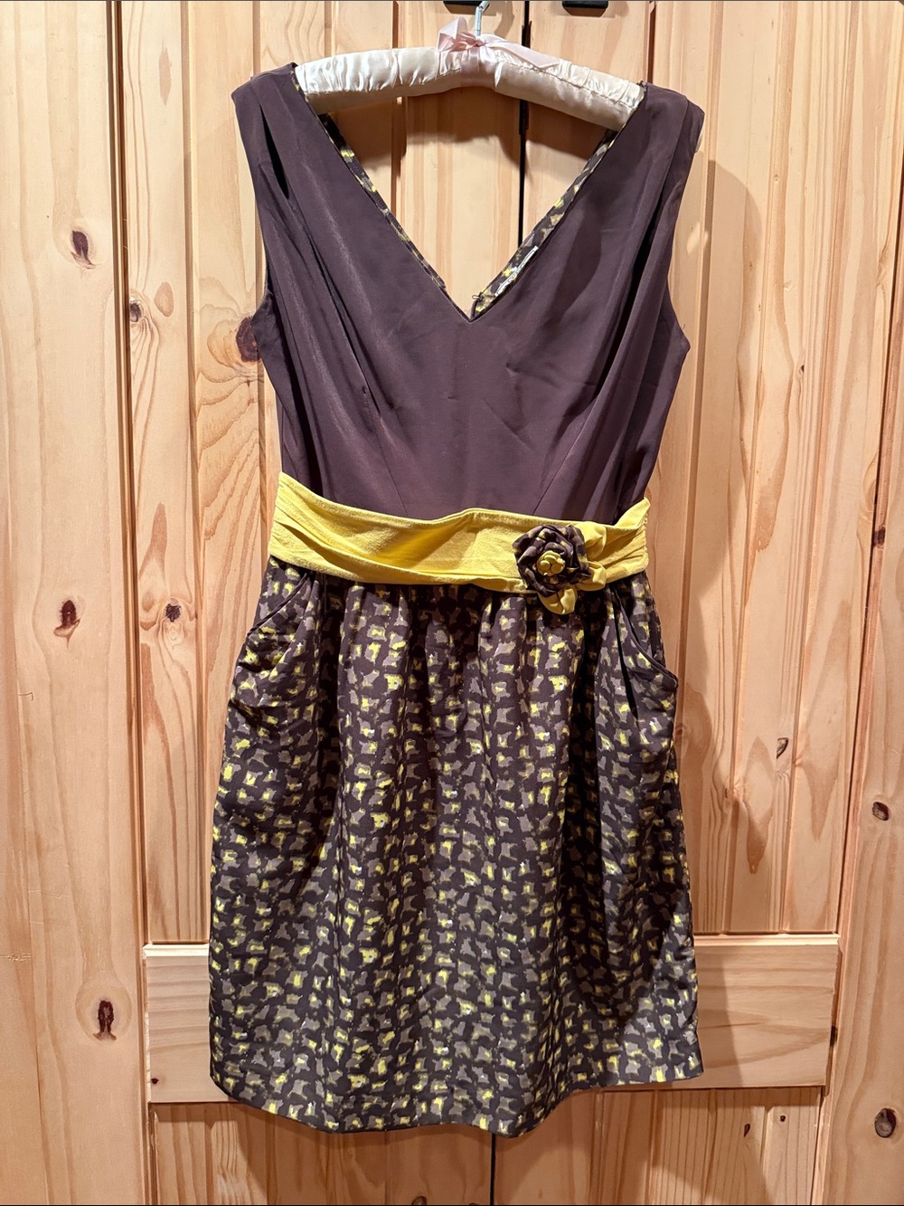 Bardot Brown Dress with Yellow Accent Print
